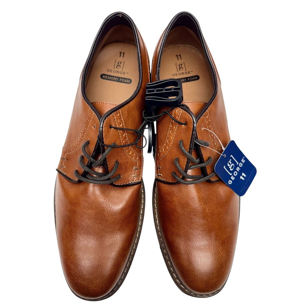 George MENS Oxford Lace Up Brown Dress Shoe Memory Foam Smooth‎ Sz-11